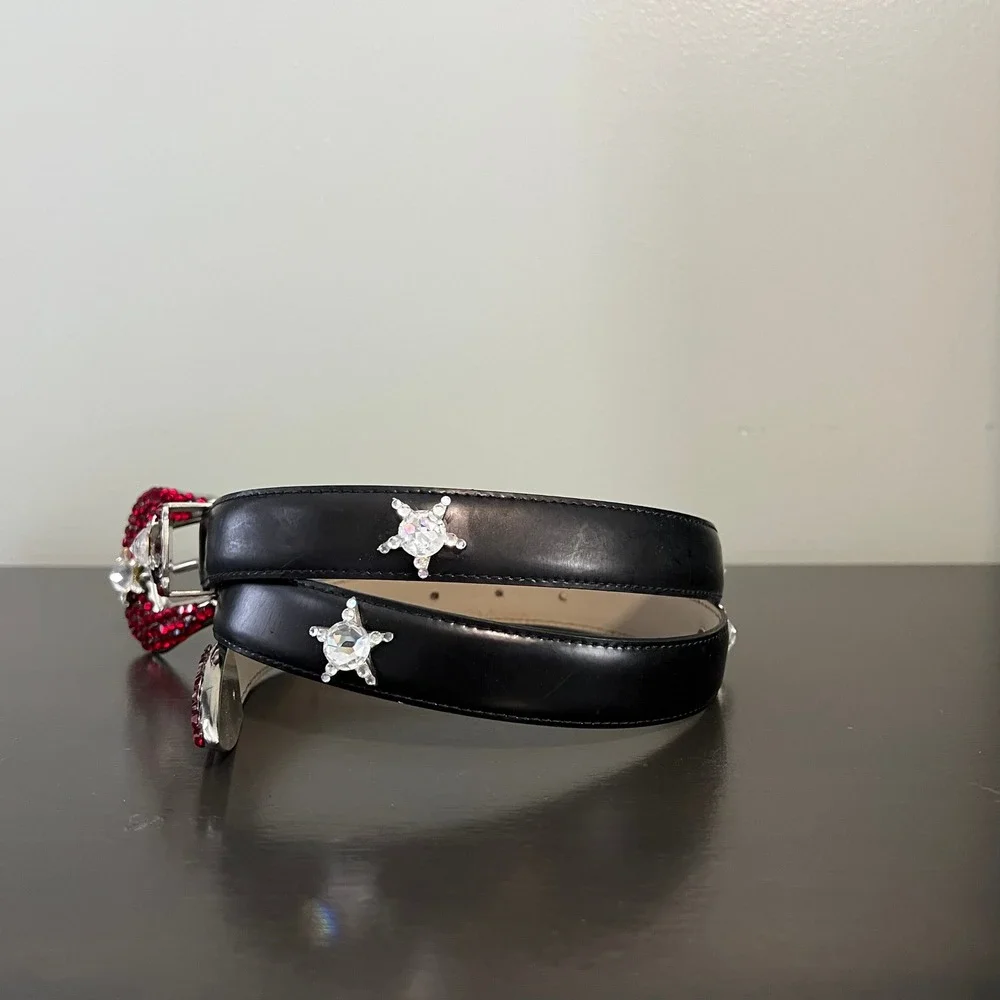 Simon‎ Italy Black Leather Red Rhinestone Western Glam Belt XL Crystal Star rock
